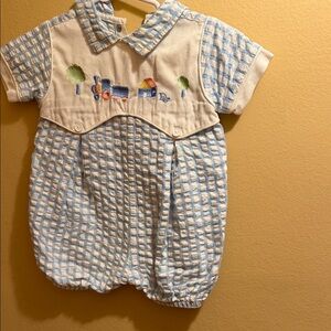 Vintage Baby Dior Blue and White Seersucker Baby Romper with Train Embroidery